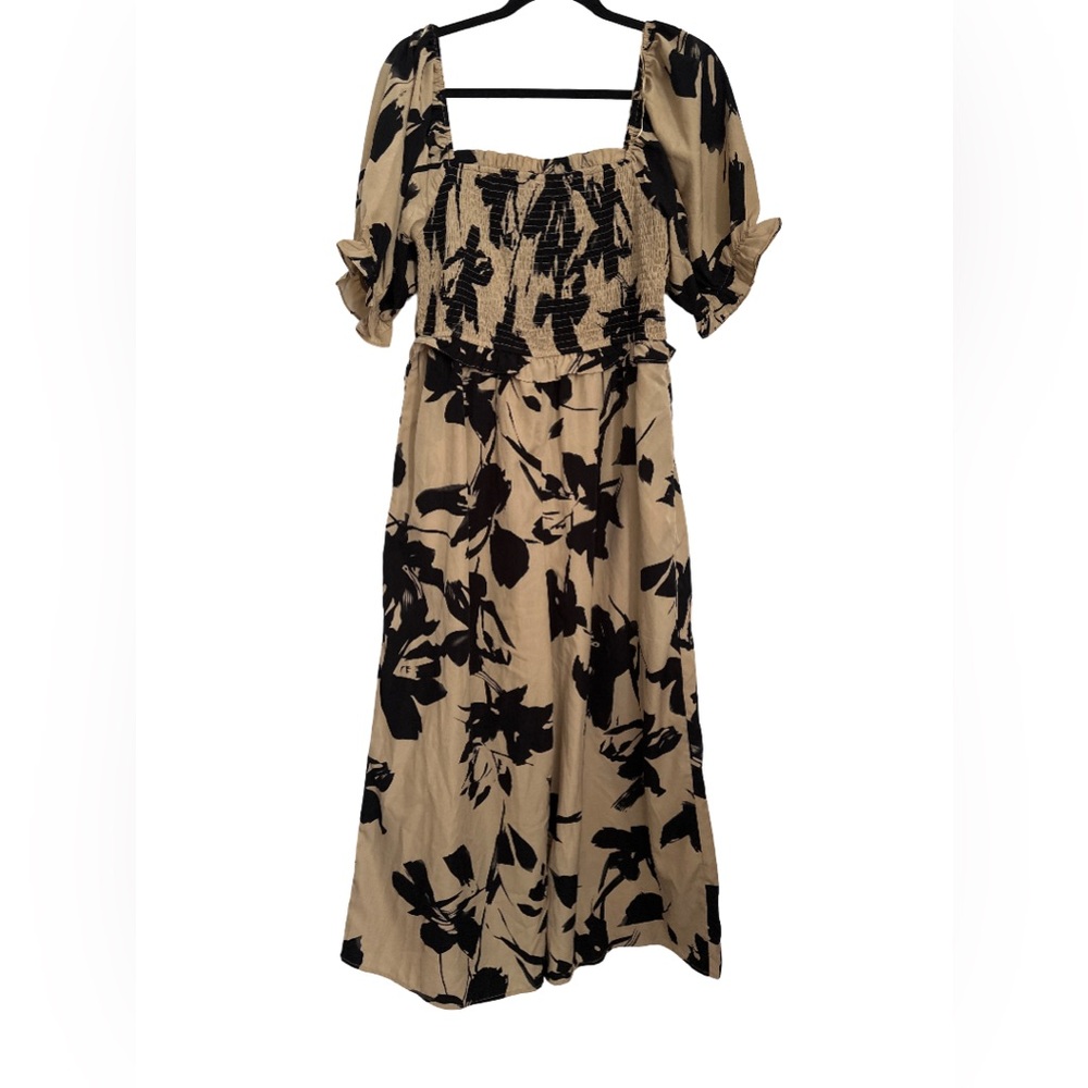 JODIFL Beige and Black Floral Puff Sleeve Romper